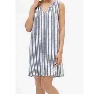 Gap Split Neck Sleeveless Shift Dress Stripe Linen Blend Small Blue White